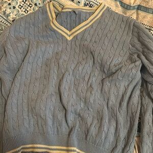 Blue and White V Neck John Galt Nikki Cableknit Sweater